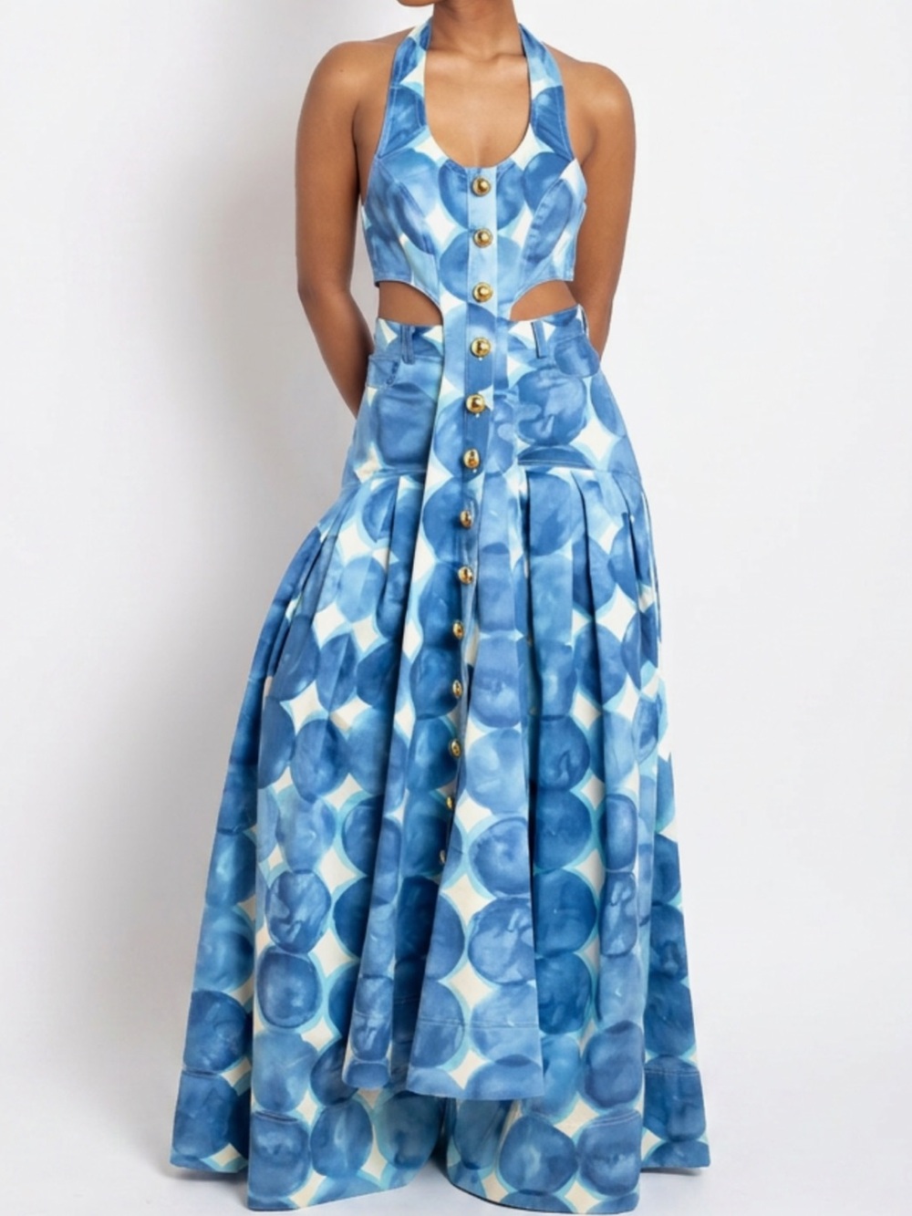Blue Halter Cutout Top & Jeans with Button Front